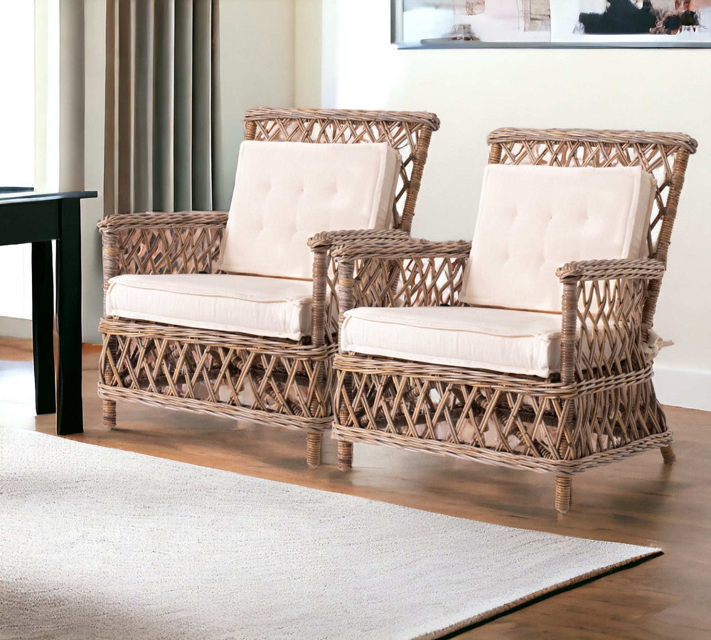 Set of Two Natural Lattice Wicker Arm Chairs with Seat Cushions - Homeroots - Flyclothing LLC