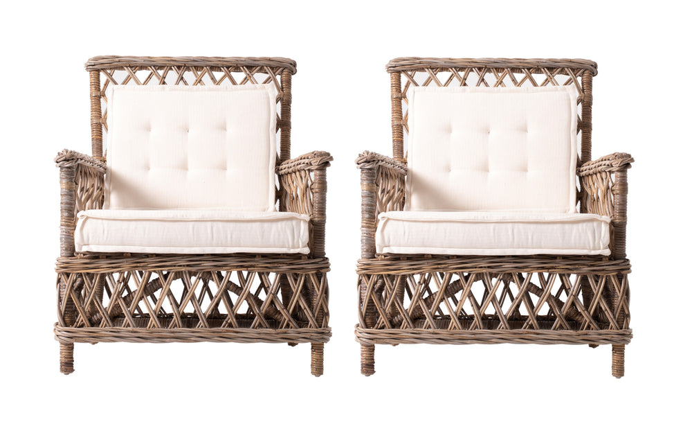 Set of Two Natural Lattice Wicker Arm Chairs with Seat Cushions - Homeroots