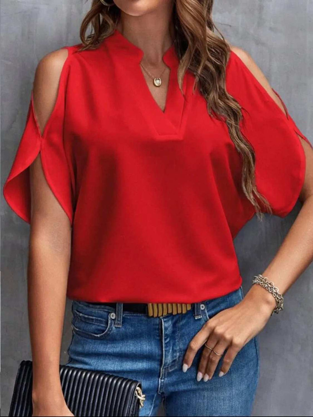 Notched Cold Shoulder Half Sleeve Blouse - Trendsi - Flyclothing LLC