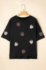 Sequin Strawberry High Low Half Sleeve Relaxed Fit T-Shirt - Trendsi - Flyclothing LLC