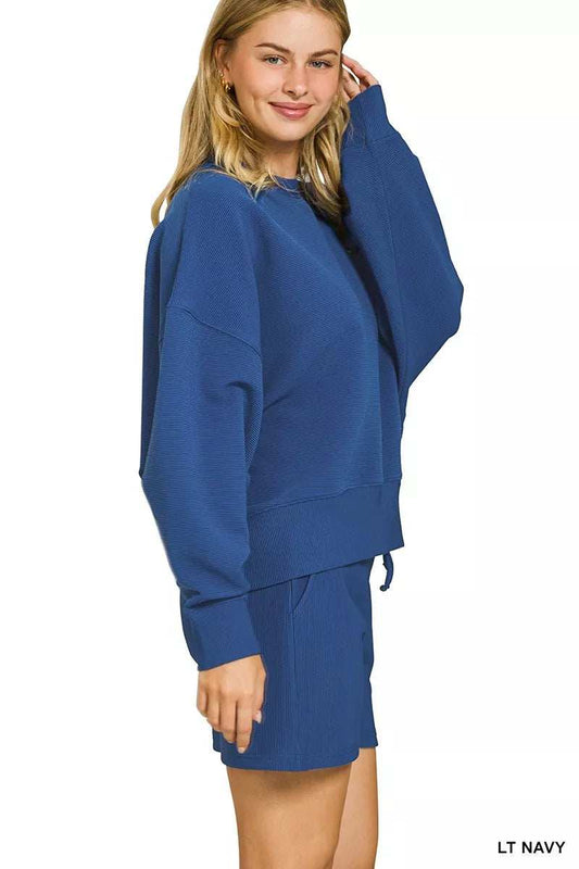 Zenana Ribbed Round Neck Pullover and Shorts Set - Trendsi - Flyclothing LLC