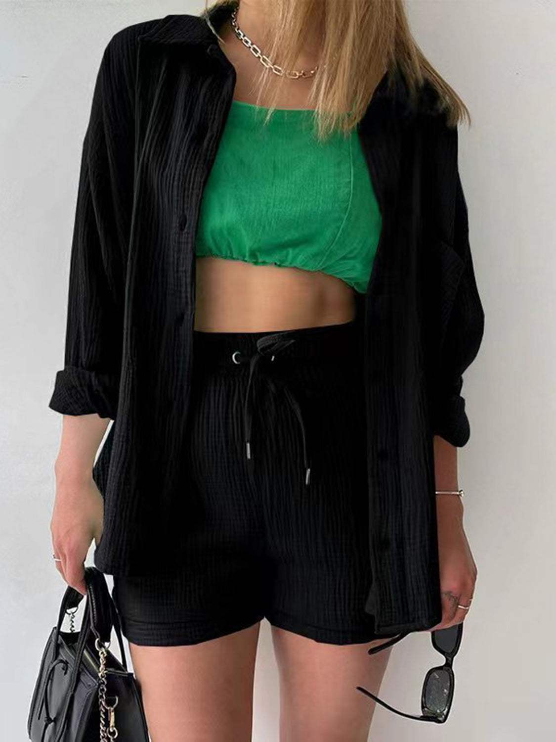 Texture Button Up Shirt and Drawstring Shorts Set - Trendsi - Flyclothing LLC