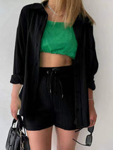 Texture Button Up Shirt and Drawstring Shorts Set - Trendsi - Flyclothing LLC