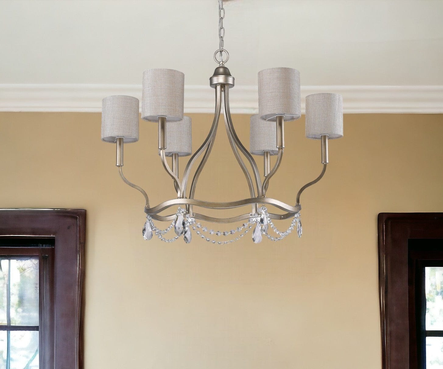 Gold Candle Style Six Light Metal Dimmable Chandelier With White Shades - Homeroots