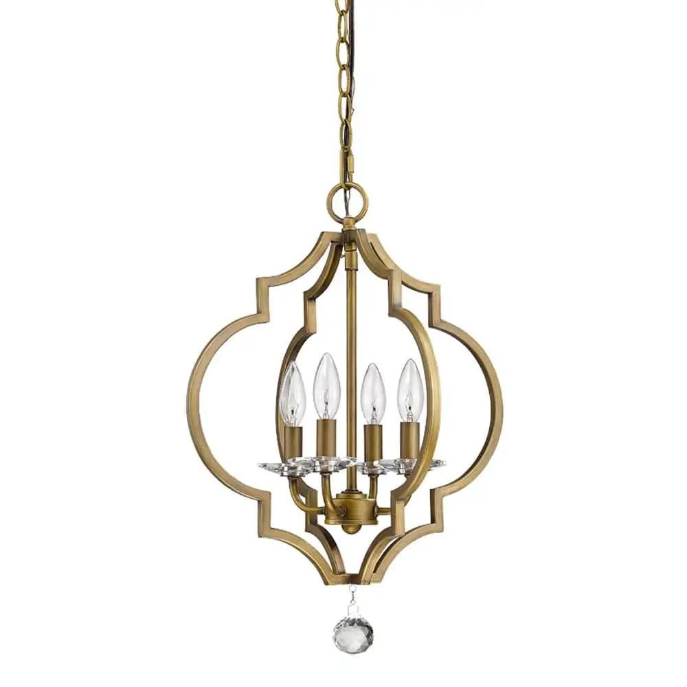 Brass Candle Style Four Light Metal and Crystals Dimmable Chandelier - Homeroots