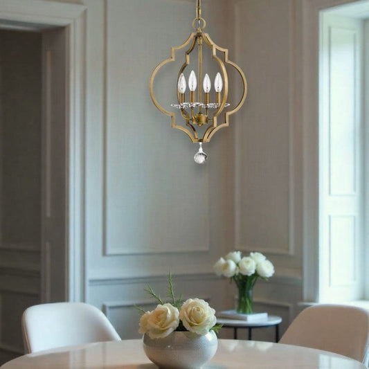 Brass Candle Style Four Light Metal and Crystals Dimmable Chandelier - Homeroots