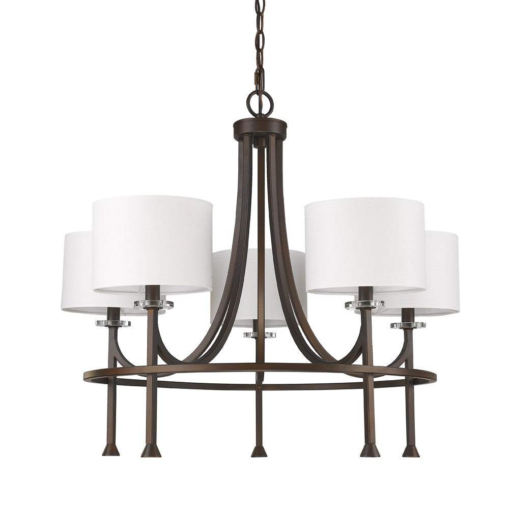 Brown Candle Style Five Light Metal and Crystals Dimmable Chandelier With White Shades - Homeroots - Flyclothing LLC