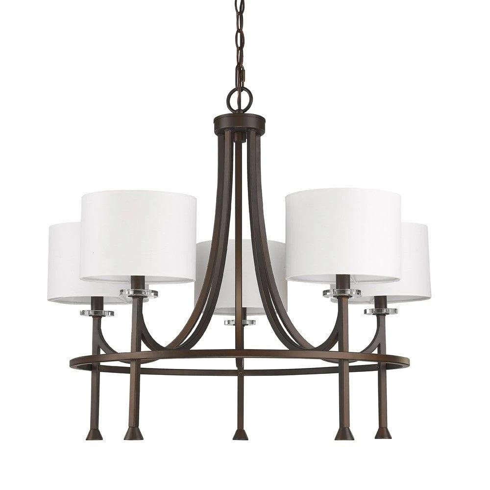 Brown Candle Style Five Light Metal and Crystals Dimmable Chandelier With White Shades - Homeroots