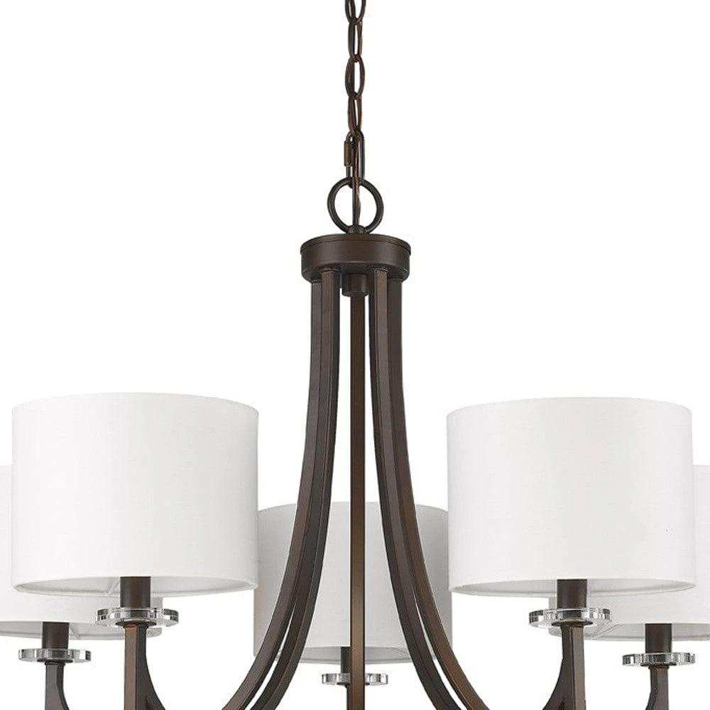 Brown Candle Style Five Light Metal and Crystals Dimmable Chandelier With White Shades - Homeroots - Flyclothing LLC