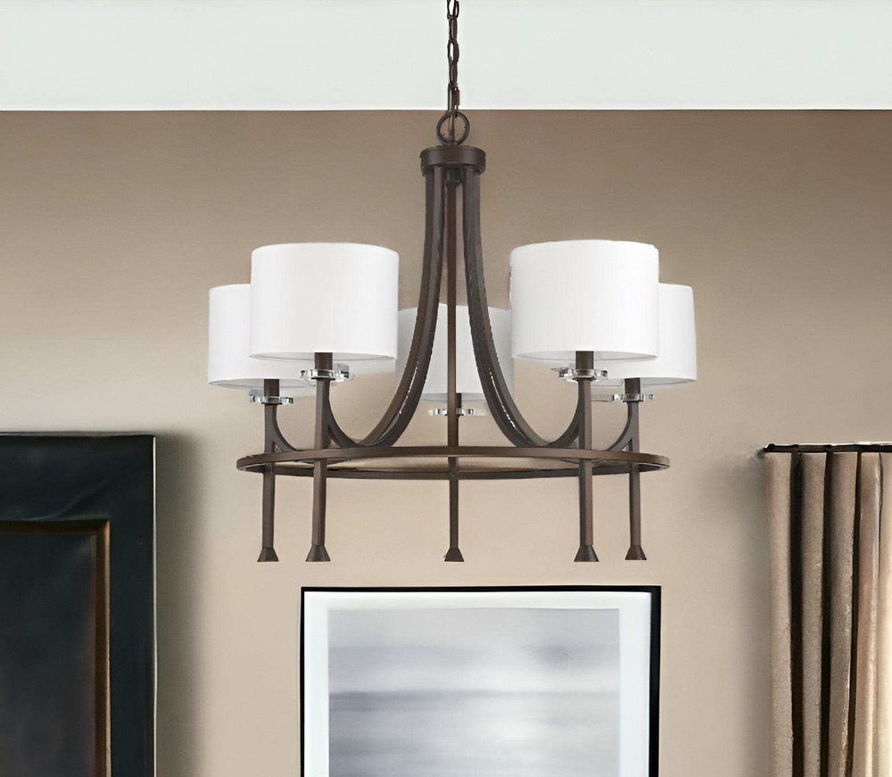 Brown Candle Style Five Light Metal and Crystals Dimmable Chandelier With White Shades - Homeroots - Flyclothing LLC