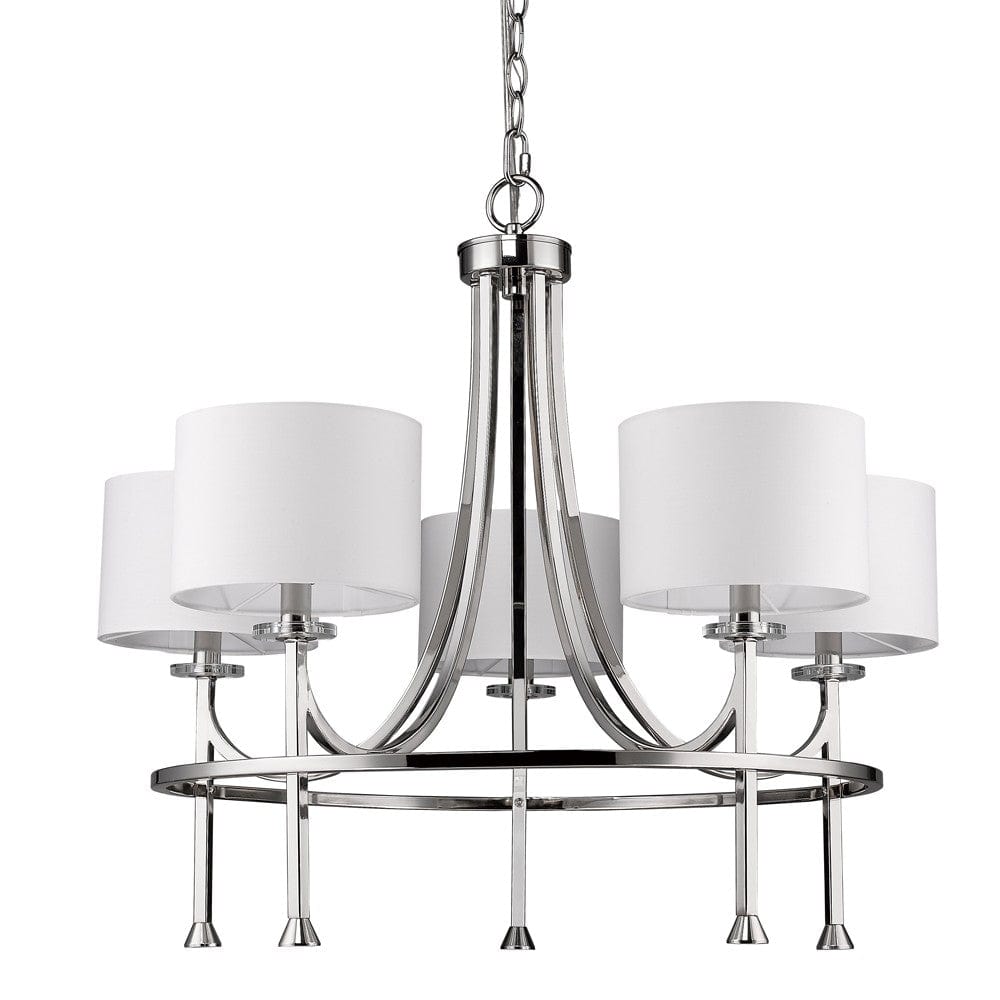 Silver Candle Style Five Light Metal and Crystals Dimmable Chandelier With White Shades - Homeroots