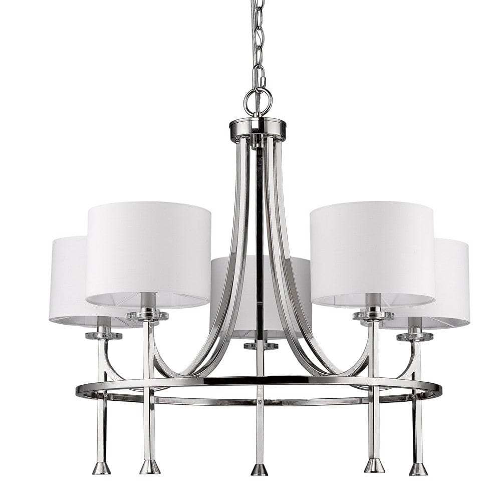 Silver Candle Style Five Light Metal and Crystals Dimmable Chandelier With White Shades - Homeroots - Flyclothing LLC