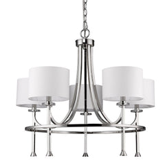 Silver Candle Style Five Light Metal and Crystals Dimmable Chandelier With White Shades - Homeroots