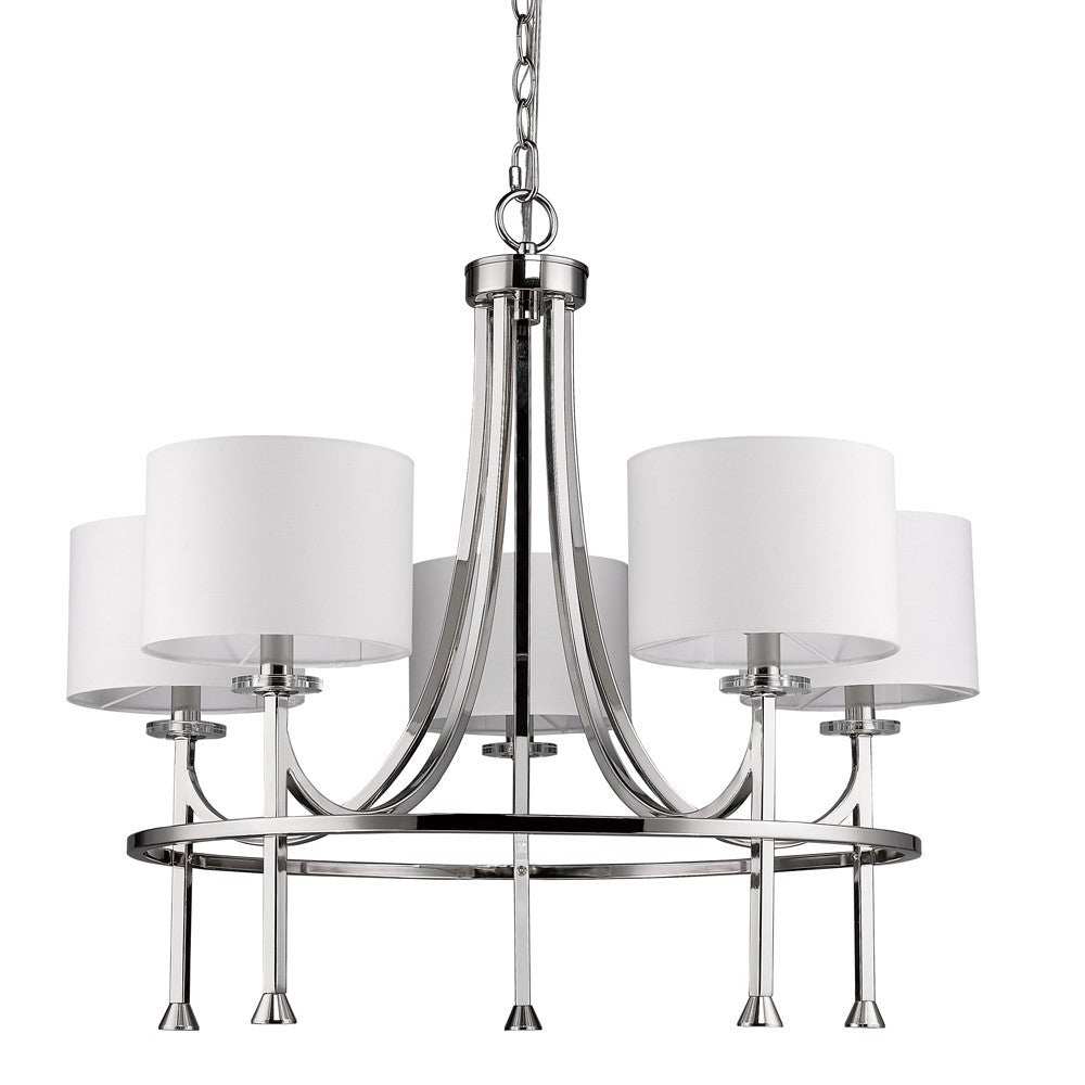 Silver Candle Style Five Light Metal and Crystals Dimmable Chandelier With White Shades - Homeroots - Flyclothing LLC