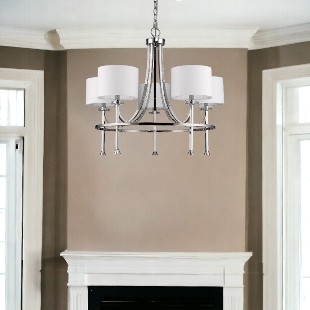 Silver Candle Style Five Light Metal and Crystals Dimmable Chandelier With White Shades - Homeroots