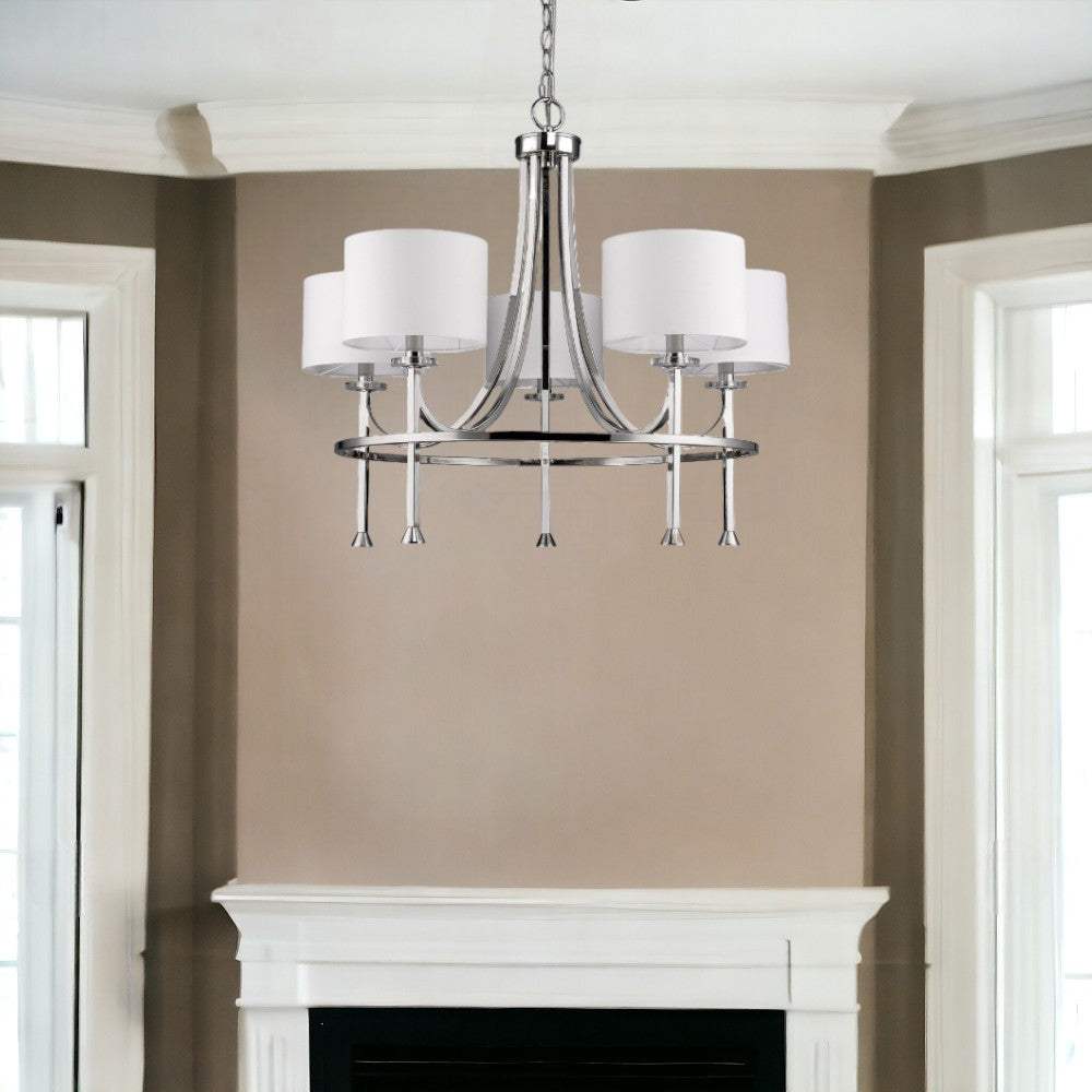 Silver Candle Style Five Light Metal and Crystals Dimmable Chandelier With White Shades - Homeroots - Flyclothing LLC