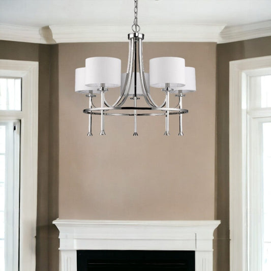 Silver Candle Style Five Light Metal and Crystals Dimmable Chandelier With White Shades - Homeroots