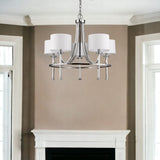Silver Candle Style Five Light Metal and Crystals Dimmable Chandelier With White Shades - Homeroots