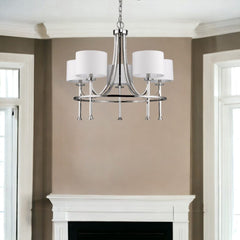 Silver Candle Style Five Light Metal and Crystals Dimmable Chandelier With White Shades - Homeroots