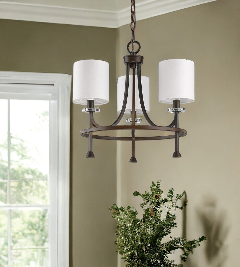 Bronze Candle Style Three Light Metal Dimmable Chandelier With White Shades - Homeroots