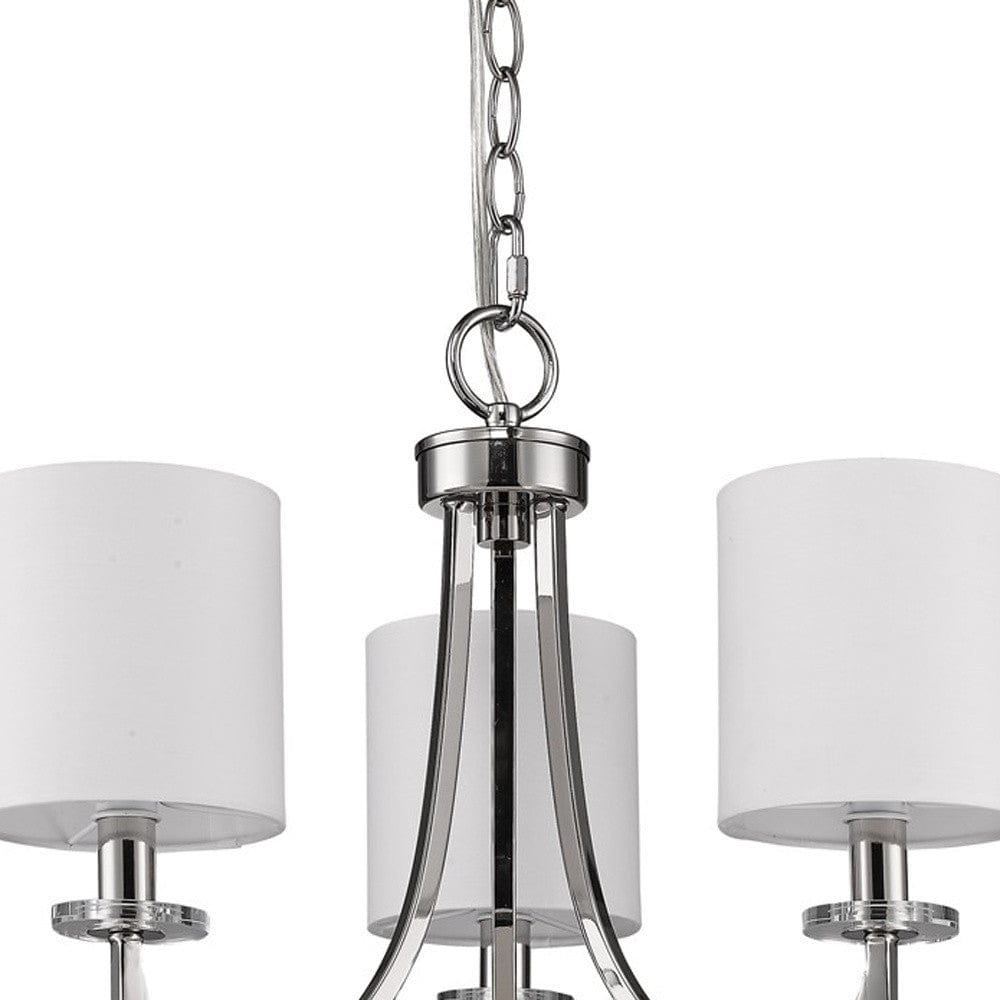 Silver Candle Style Three Light Metal Dimmable Chandelier With White Shades - Homeroots