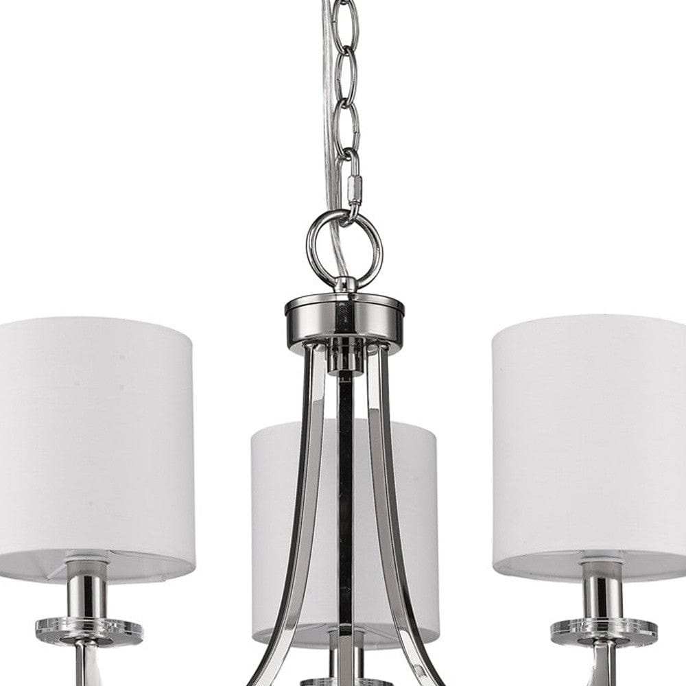 Silver Candle Style Three Light Metal Dimmable Chandelier With White Shades - Homeroots - Flyclothing LLC