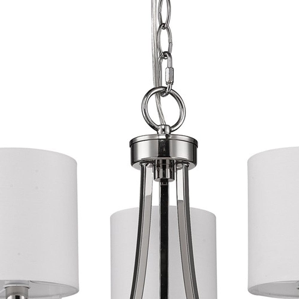 Silver Candle Style Three Light Metal Dimmable Chandelier With White Shades - Homeroots