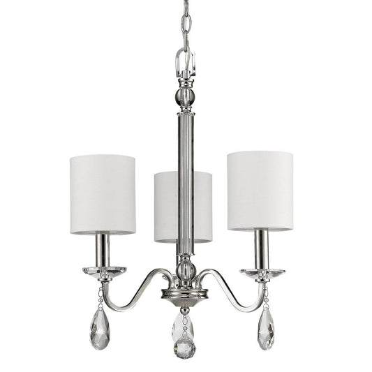 Silver Candle Style Three Light Metal and Crystals Dimmable Chandelier With White Shades - Homeroots