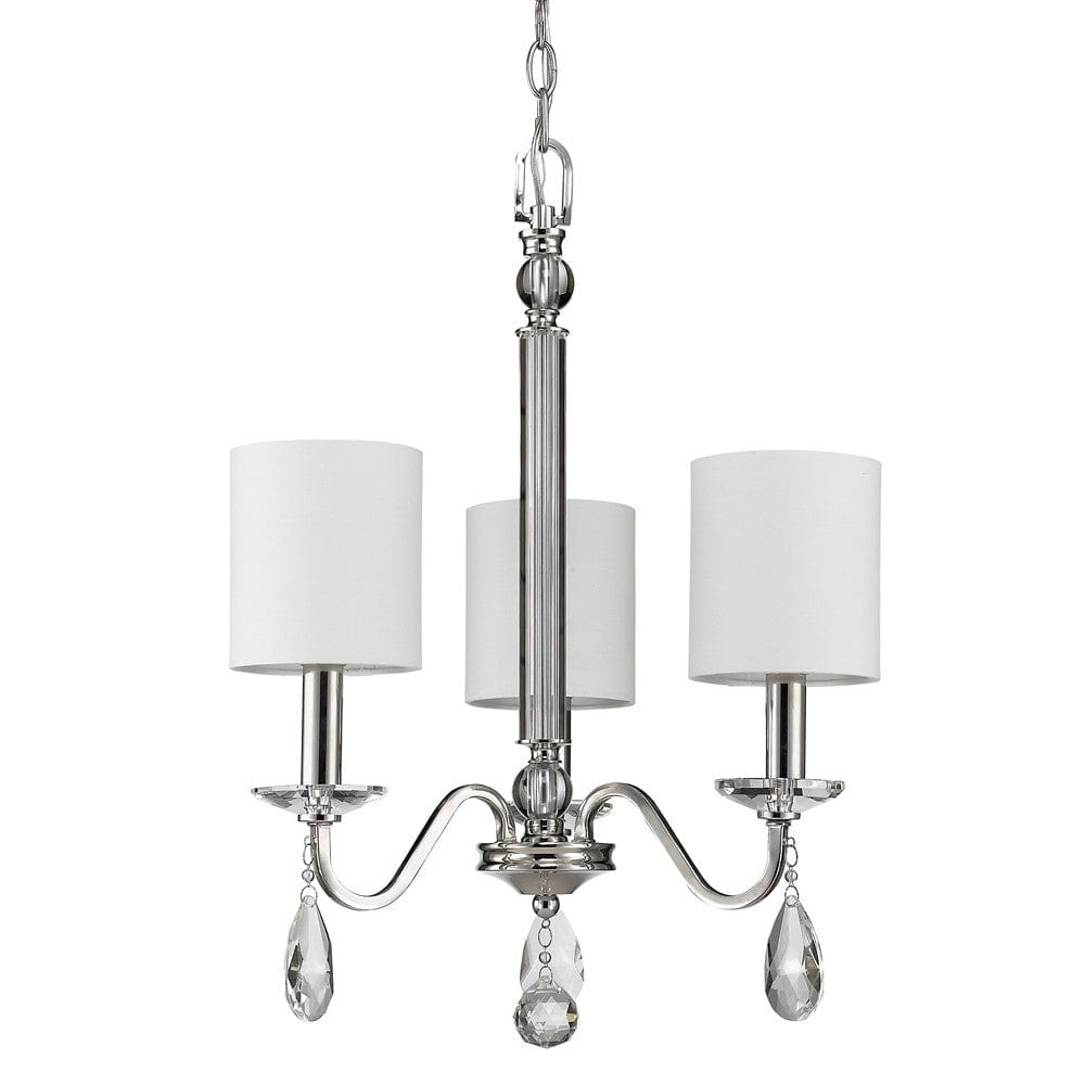 Silver Candle Style Three Light Metal and Crystals Dimmable Chandelier With White Shades - Homeroots