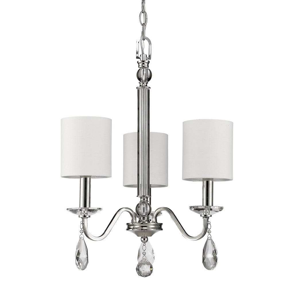 Silver Candle Style Three Light Metal and Crystals Dimmable Chandelier With White Shades - Homeroots - Flyclothing LLC