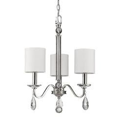 Silver Candle Style Three Light Metal and Crystals Dimmable Chandelier With White Shades - Homeroots