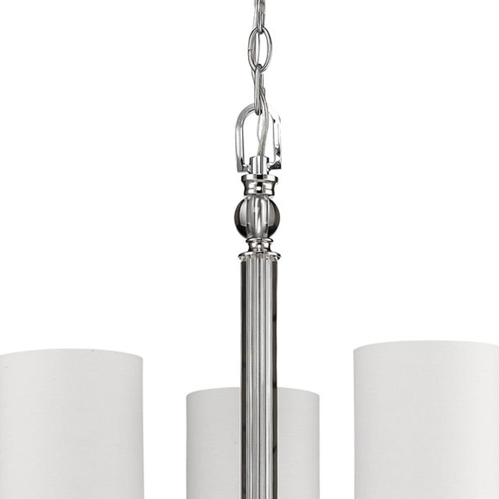 Silver Candle Style Three Light Metal and Crystals Dimmable Chandelier With White Shades - Homeroots