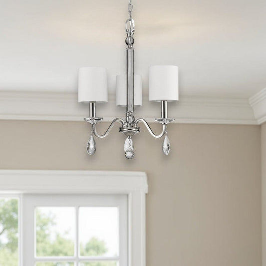 Silver Candle Style Three Light Metal and Crystals Dimmable Chandelier With White Shades - Homeroots