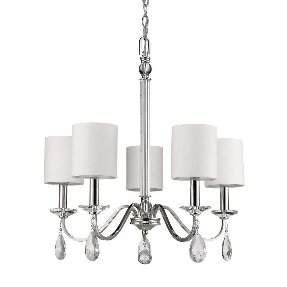 Silver Candle Style Five Light Metal and Crystals Dimmable Chandelier With White Shades - Homeroots