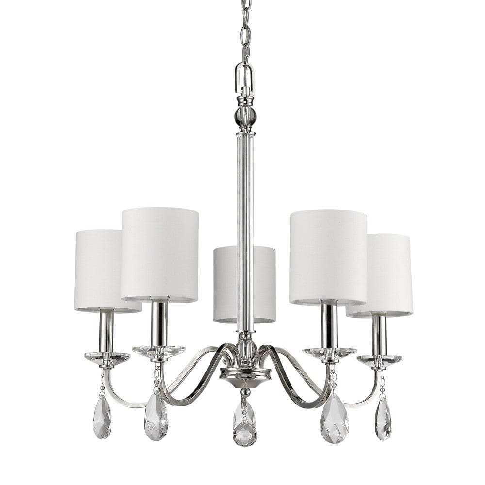 Silver Candle Style Five Light Metal and Crystals Dimmable Chandelier With White Shades - Homeroots - Flyclothing LLC