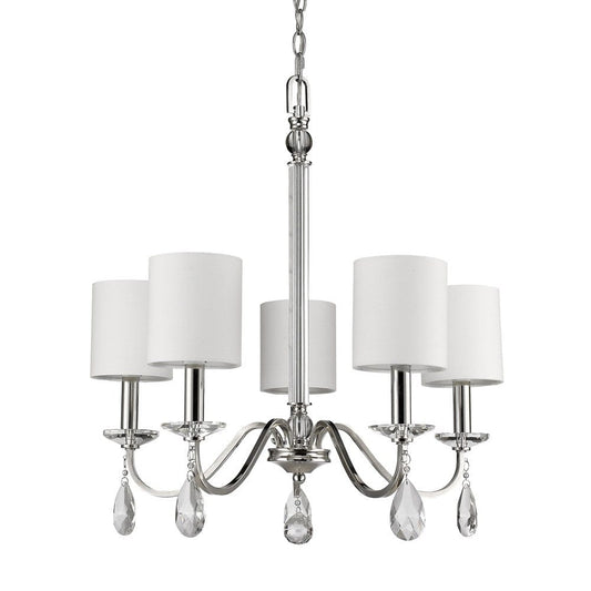 Silver Candle Style Five Light Metal and Crystals Dimmable Chandelier With White Shades - Homeroots