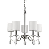 Silver Candle Style Five Light Metal and Crystals Dimmable Chandelier With White Shades - Homeroots