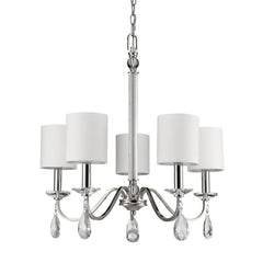 Silver Candle Style Five Light Metal and Crystals Dimmable Chandelier With White Shades - Homeroots