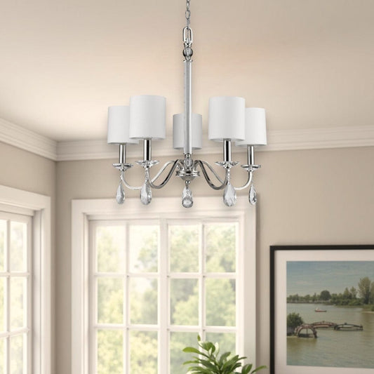 Silver Candle Style Five Light Metal and Crystals Dimmable Chandelier With White Shades - Homeroots