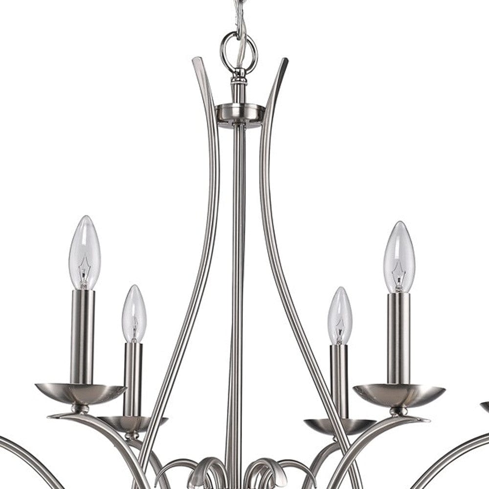 Nickel Candle Style Six Light Metal Dimmable Chandelier - Homeroots