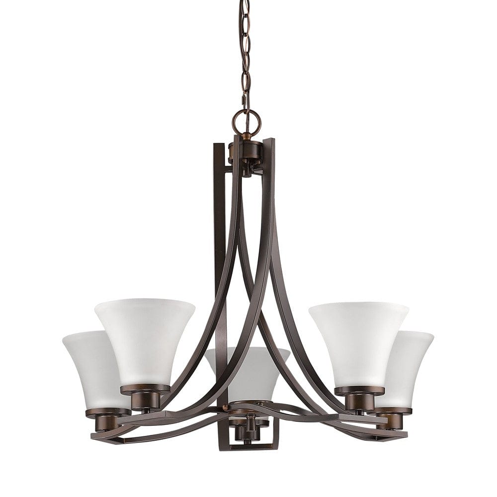 Bronze Candle Style Five Light Frosted Metal Dimmable Chandelier With White Shades - Homeroots