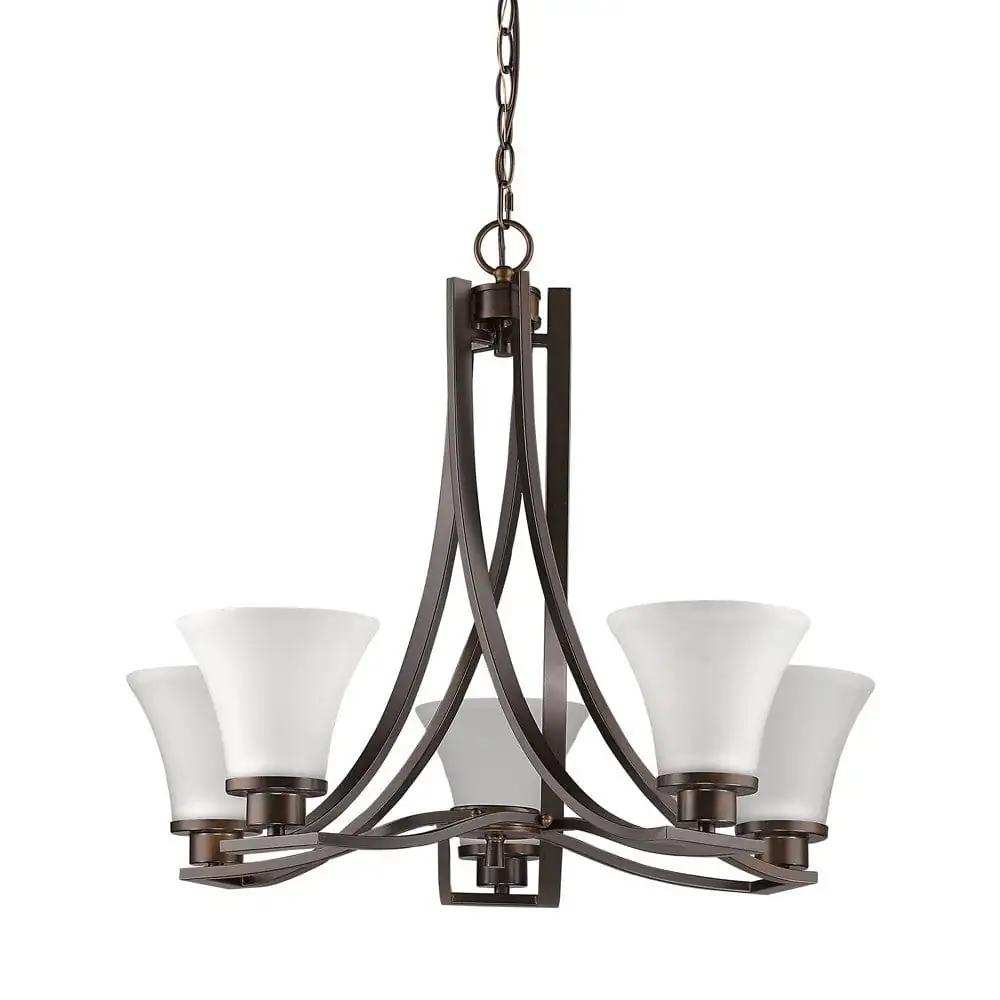 Bronze Candle Style Five Light Frosted Metal Dimmable Chandelier With White Shades - Homeroots - Flyclothing LLC
