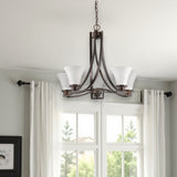 Bronze Candle Style Five Light Frosted Metal Dimmable Chandelier With White Shades - Homeroots