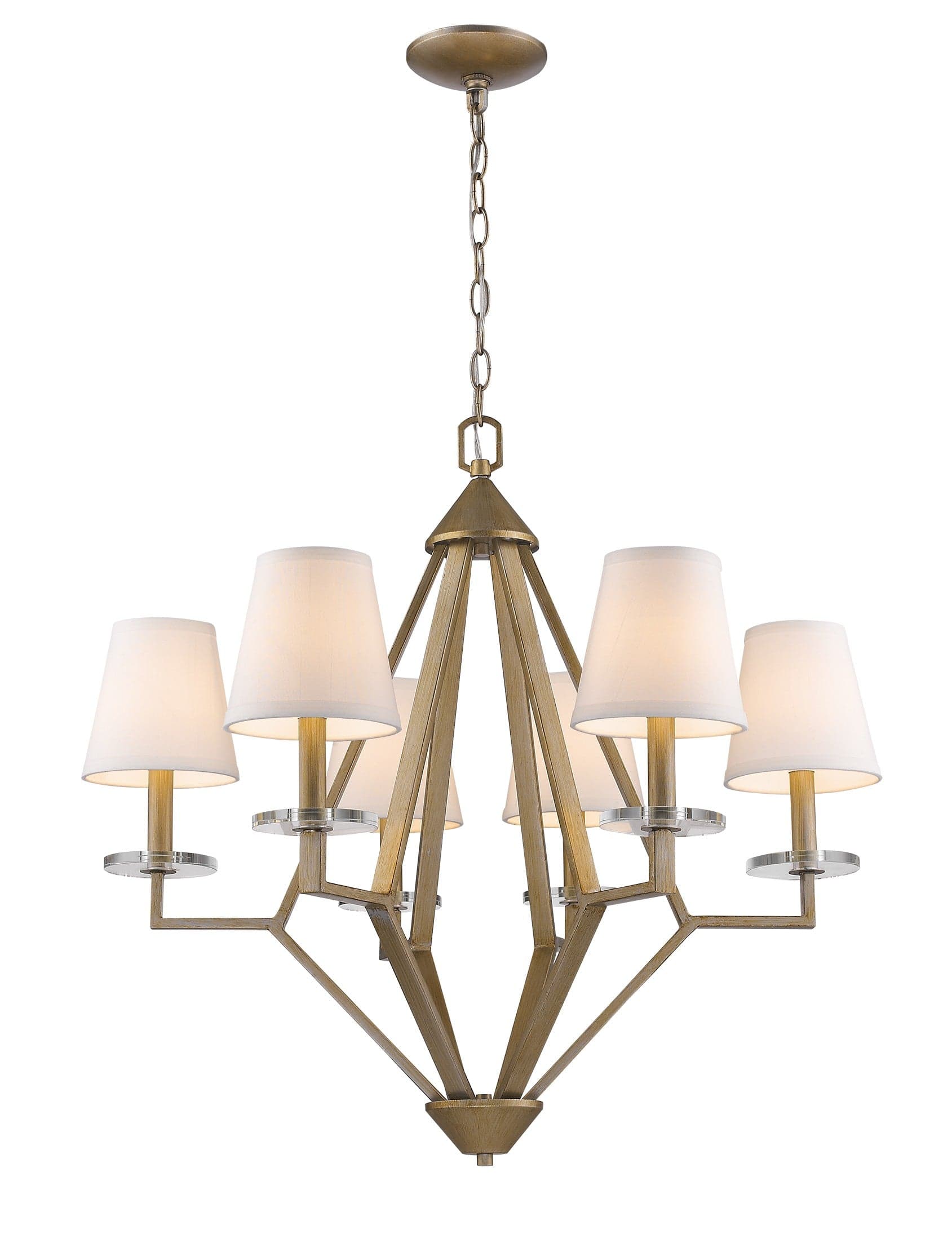 Gold Candle Style Six Light Metal and Crystals Dimmable Chandelier With White Shades - Homeroots