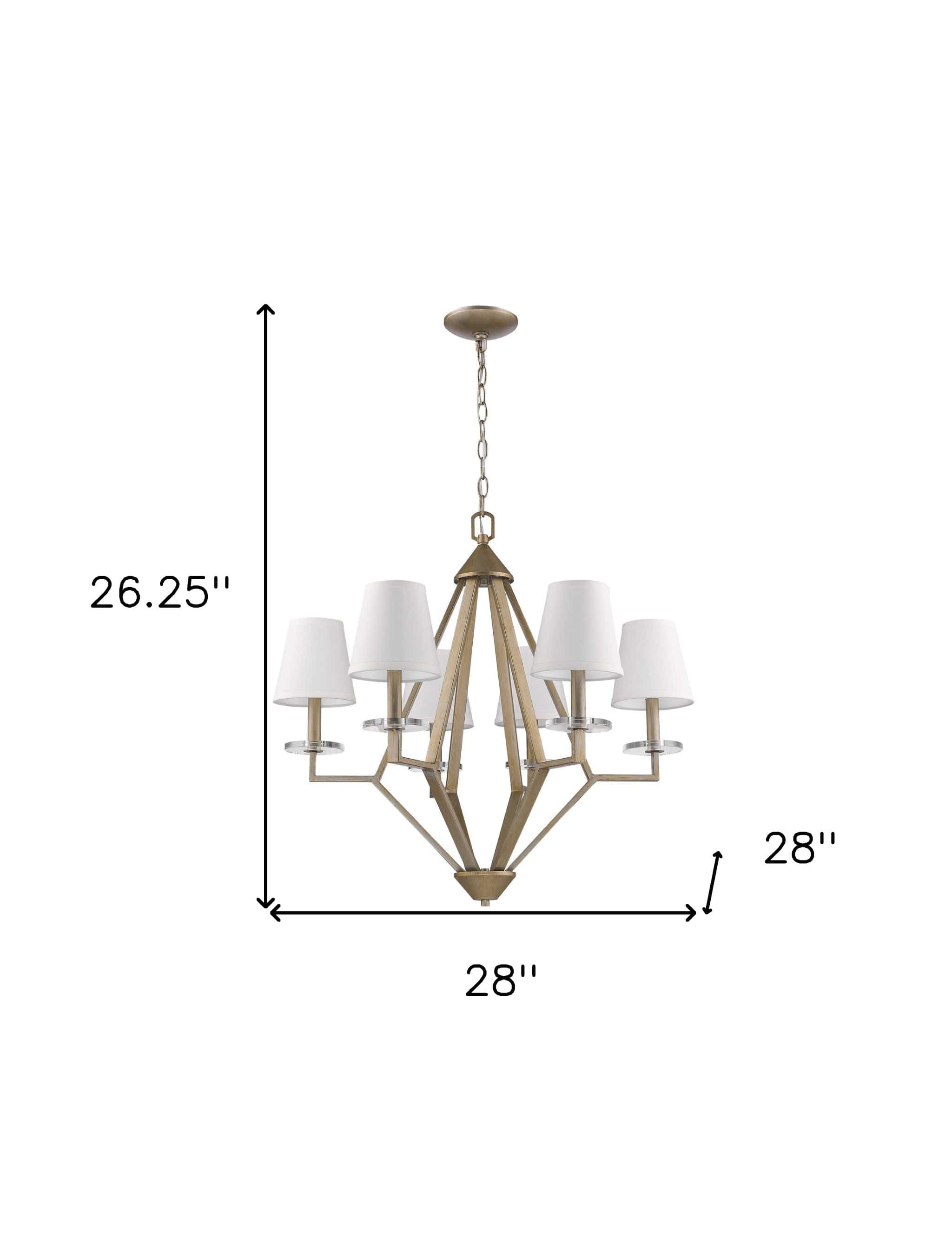 Gold Candle Style Six Light Metal and Crystals Dimmable Chandelier With White Shades - Homeroots
