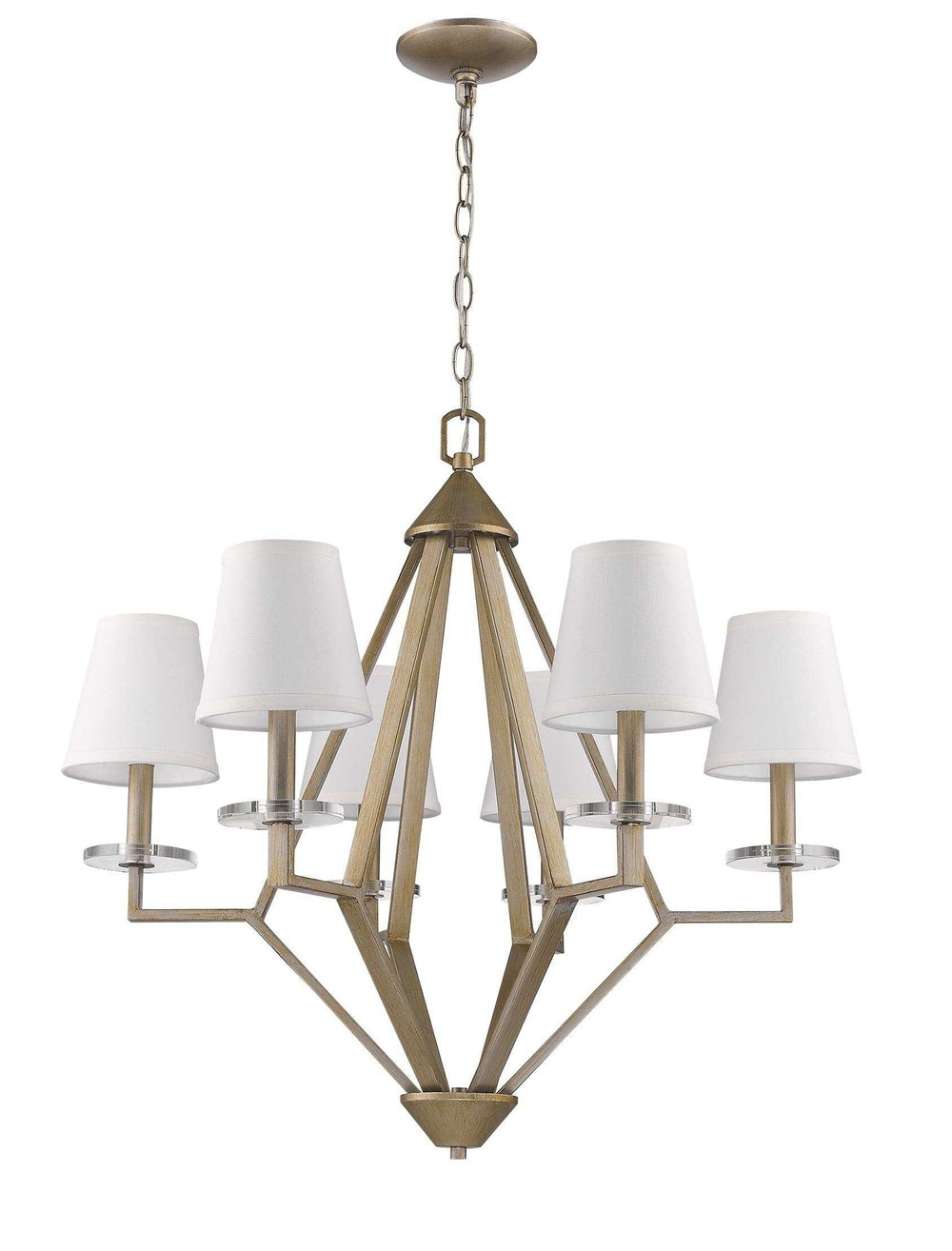 Gold Candle Style Six Light Metal and Crystals Dimmable Chandelier With White Shades - Homeroots - Flyclothing LLC