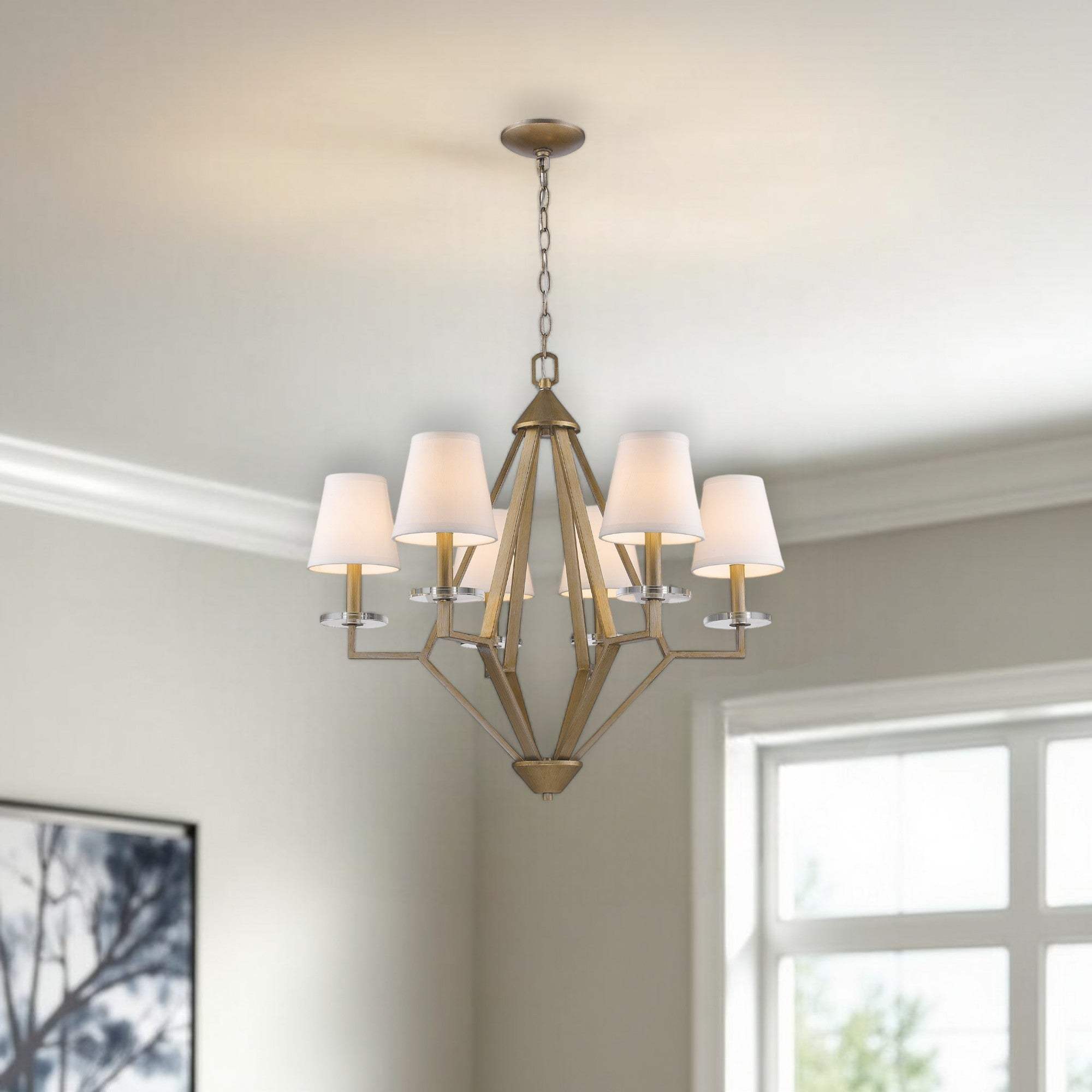 Gold Candle Style Six Light Metal and Crystals Dimmable Chandelier With White Shades - Homeroots - Flyclothing LLC