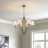 Gold Candle Style Six Light Metal and Crystals Dimmable Chandelier With White Shades - Homeroots