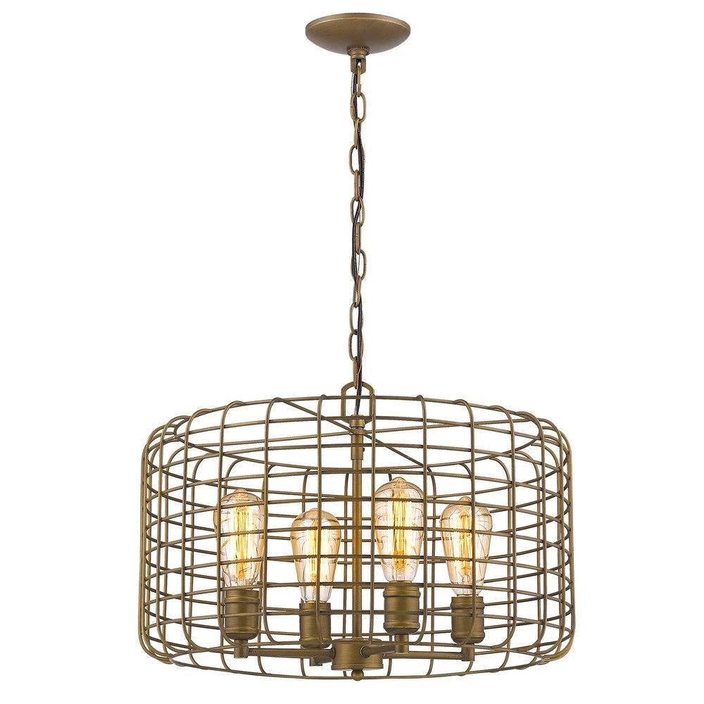 Lynden 4-Light Raw Brass Drum Pendant With Wire Cage Shade - Homeroots