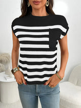 Striped Mock Neck Cap Sleeve Knit Top - Trendsi - Flyclothing LLC
